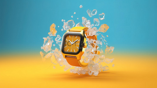 冷藏智能手表 3d 渲染中黄色背景下时间冻结的概念