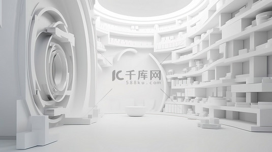 在白色抽象建筑背景 3D 渲染中展示的技术产品展示