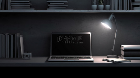 黑色架子上显示的时尚笔记本电脑 3D 渲染