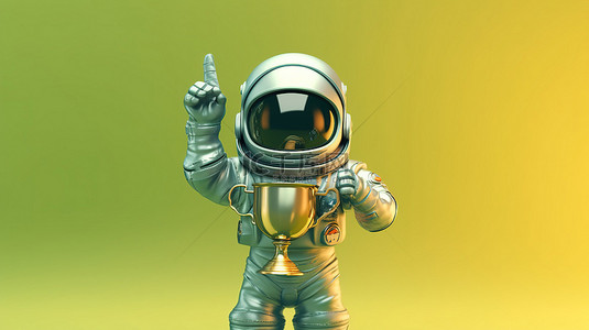 成就者背景图片_获奖宇航员与第一名奖杯的 3d 渲染