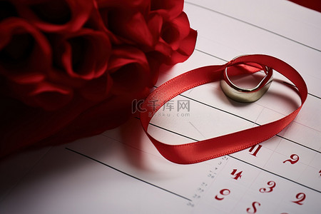 红丝带周围是写有婚礼日期的日历