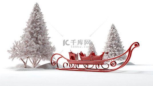 白色背景的孤立 3D 插图，带有红色圣诞雪橇和树