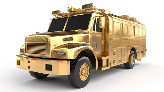 消防汽车背景图片_白色背景下紧急车辆的金色消防车 3D 插图