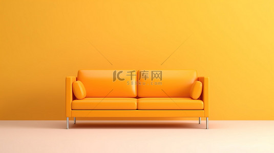 3D 渲染的白色和黄色背景上的简约橙色沙发