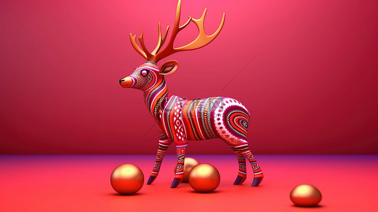 鹿的背景图片_红色背景上装饰的节日驯鹿的 3D 插图