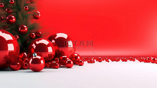 节日横幅 3D 渲染装饰着红色装饰品的圣诞树