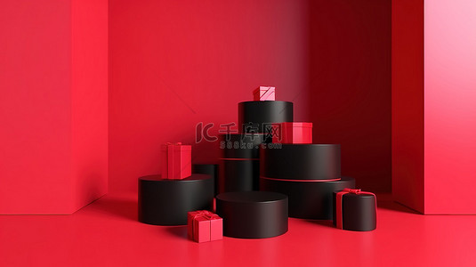 红色20背景图片_带有 3D 渲染红色讲台的最小黑色星期五广告集节省 20