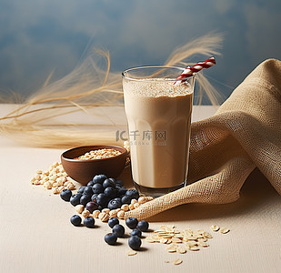 食品坚果背景图片_燕麦奶昔咖啡坚果奶与混合蓝莓和藜麦混合成袋