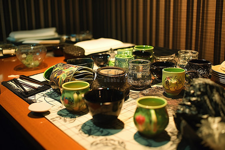 食品放桌上背景图片_桌子上放着玻璃杯，桌上摆着各种各样的陶器