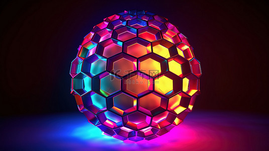 科幻朋克背景图片_色彩鲜艳的霓虹灯虹彩六边形球体的 3D 插图