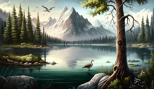 森林山脉水边雪山河流自然背景插图海报