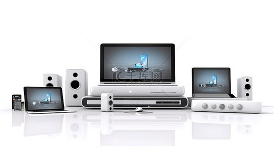 无线家庭气候控制系统可通过笔记本电脑平板电脑和手机在 3D 渲染中的白色背景上访问