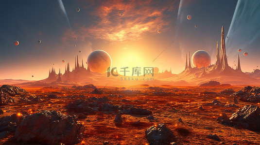 橙色世界背景图片_3D 渲染的外星世界日落景观