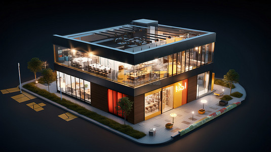 外观建筑背景图片_最小的汉堡餐厅和集装箱商店外观等距视图 3D 渲染数字艺术