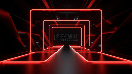 抽象红色霓虹灯隧道 3D 几何渲染，带有发光线和黑色讲台