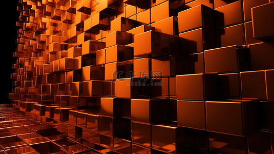 橙色立方体在此 3D 渲染中创建了醒目的科技墙