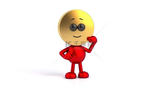 人物吉祥物的 3D 渲染，该人物吉祥物持有一枚金色忠诚计划奖金硬币，白色背景上带有红色问号