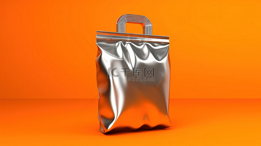 充满活力的橙色背景下单色铝袋的 3D 渲染