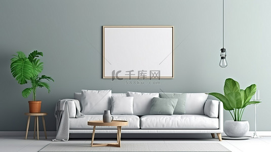 收藏海报背景图片_宽敞的客厅设有空白墙，用于个性化艺术 3D 插图和渲染
