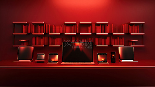 平板手机平板背景图片_红墙架上的数字设备笔记本电脑手机平板电脑和 3d 电脑