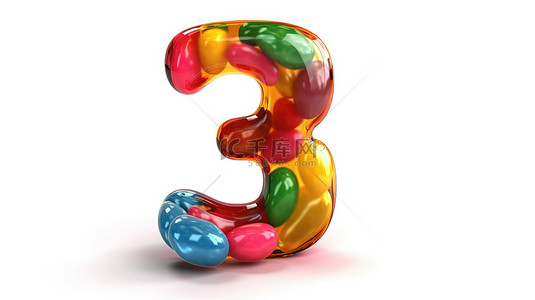 彩虹果冻豆三重奏彩色 3D 插图，以数字 3 为特色