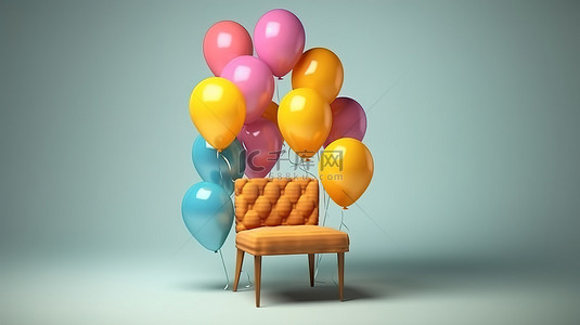 业务发展的 3D 渲染，以椅子和气球为代表，并带有增长信息