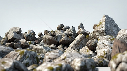 岩石上的花背景图片_以 3D 渲染并隔离在白色背景上的逼真岩石