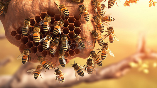树顶蜂箱与充满活力的蜜蜂 3D 插图