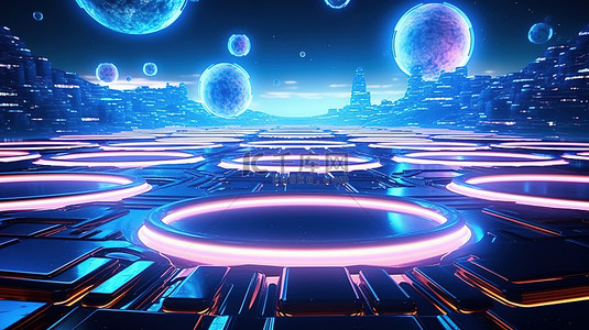 金属地板和星空背景上霓虹灯发光圆圈的未来科幻景观 3D 渲染