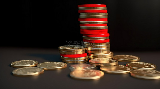 红色箭头的下降 3D 渲染与俄罗斯卢布硬币堆叠在分级高度