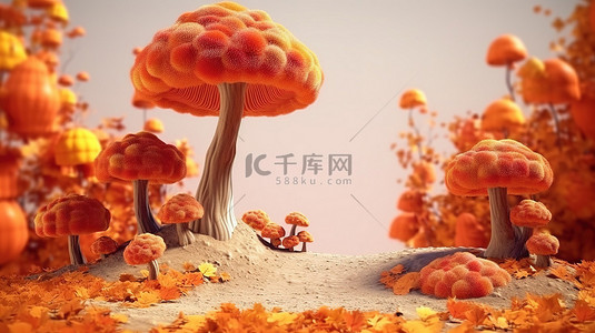 红叶背景图片_节日秋天树叶 3d 渲染树南瓜橡子和蘑菇庆祝感恩节