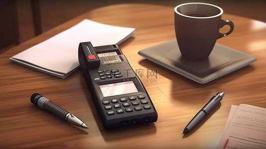 木桌上的数字录音机键盘和咖啡是记者 3D 渲染的完美设置