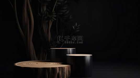 简约背景讲台，带木缸支架，用于展示简单的黑色 3D 产品
