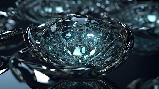 在 3D 渲染中具有抽象有机触感的玻璃状几何形状