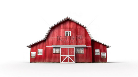 白色背景上红色谷仓的 3D 渲染，包括剪切路径