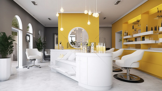 时尚别致的 3D 渲染现代美容院接待处的白柠檬色调