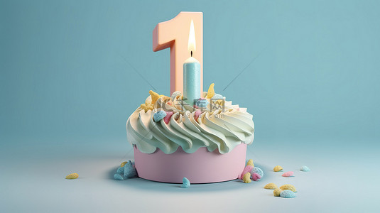 五彩蛋背景图片_用 1 号蜡烛和蓝色背景在 3D 渲染中庆祝柔和的生日蛋​​糕，包括充足的复制空间