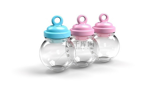 粉色和蓝色婴儿奶瓶和奶嘴的白色背景 3D 渲染