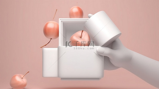 带有白色 3d 物体的桃色盒子和一只手拿着瓷杯和盘子