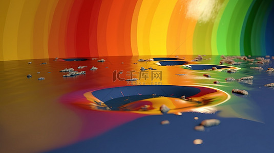 彩虹和水坑 3D 渲染概念，带有空白空间，用于商业设计和插图