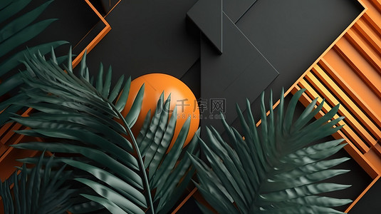 在茂密的热带棕榈树中飞行的几何形状的 3D 渲染