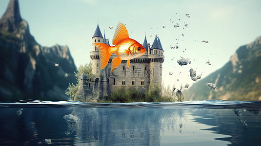 城堡主题水族馆，有跳跃的金鱼，象征着使用 3D 渲染创建的进步和发展