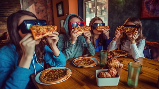 与朋友在咖啡馆享用披萨和虚拟现实