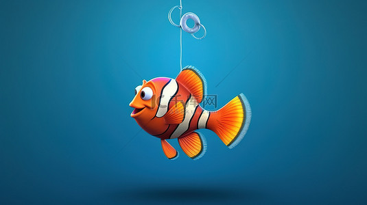 可爱的热带鱼背景图片_活泼的红海小丑鱼卡通片在 3D 渲染的宁静蓝色背景下凝视着鱼钩