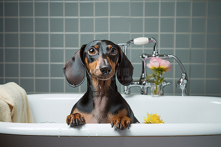 泡澡浴缸背景图片_腊肠犬站在浴缸里