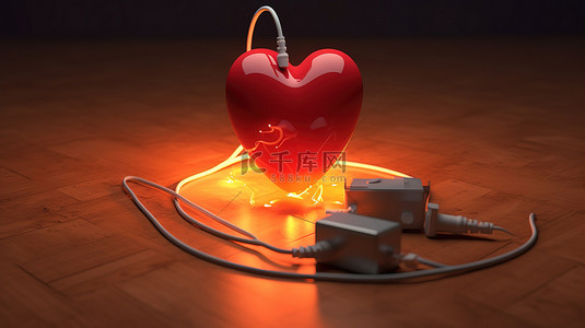 电量电池背景图片_需要充电的心脏 带充电电缆的低电量心脏的 3D 插图