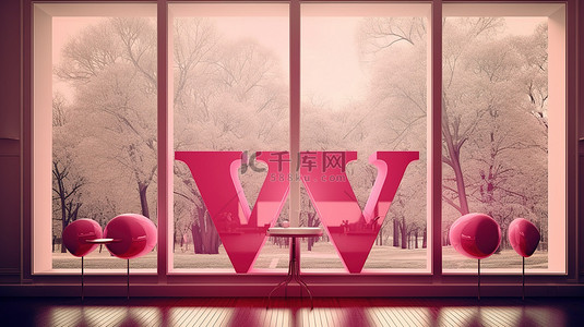 浪漫情人节艺术字背景图片_情人节快乐 3d 粉红色字母靠在花园背靠的窗户上，给家里带来欢乐