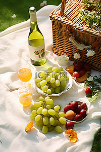 破土绽放的小草背景图片_野餐，酒和水果放在地板上