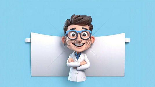 世界男性健康日背景图片_一个开朗的医生卡通人物拿着 3D 医学插图中呈现的大横幅