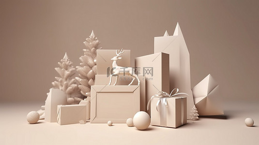 雪节日背景图片_节日礼品盒的简约圣诞装饰 3D 渲染